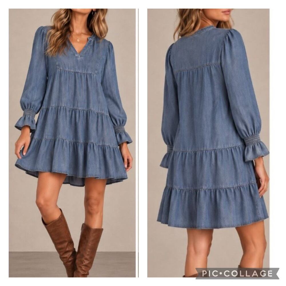 Quince Chambray Tencel Tiered Long Sleeve Dress NEW Size Medium
